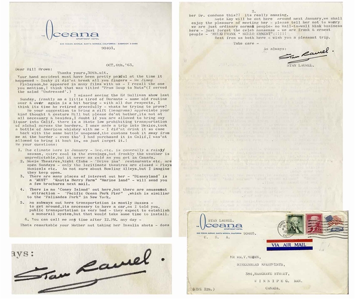 Stan Laurel Letter Signed -- ''...am a little tired of [Jimmy] Durante - same old routine over & over again is a bit boring...we are just ordinary normal people...forget the celeb nonsense...''